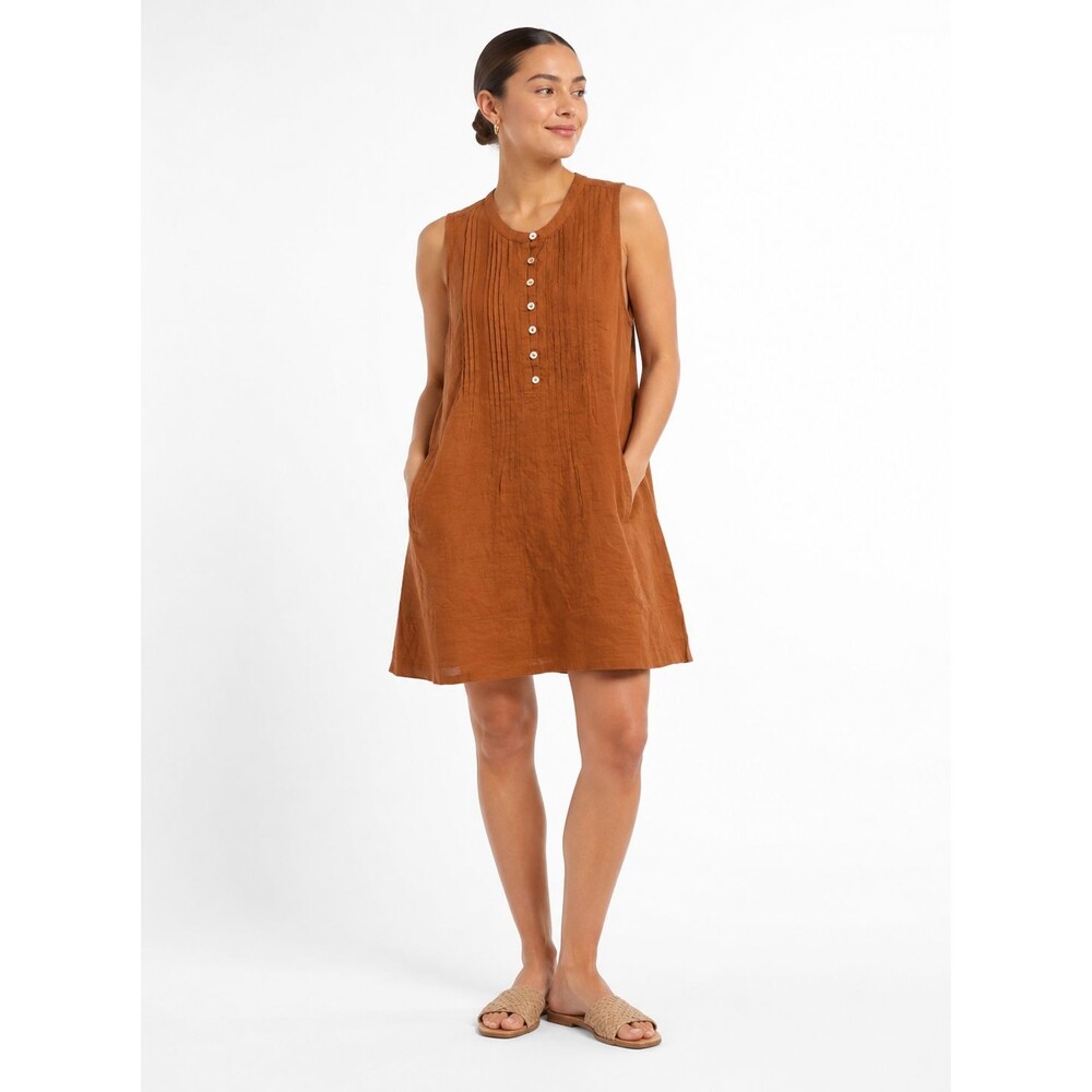 Quince Sz M 100% Linen Sleeveless Shift Dress Rust Color Pockets, NWT